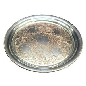 Antique Forbes Silver Plate on Copper Round Floral Etched Platter Tray 13" CR12